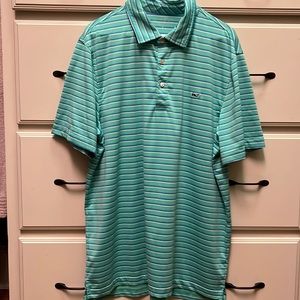 Vineyard Vines green, blue, and white striped performance polo.